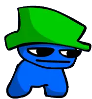 a blue cartoon character wearing a green top hat and sunglasses