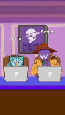 a cartoon of a man and a cat sitting at a desk with a sign that says wizard studio