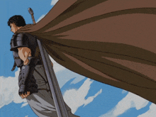 a man with a sword and cape is standing in front of a cloudy sky