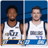 two basketball players one from utah and one from dallas are standing next to each other