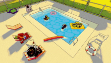 a cartoon drawing of a pool with a life preserver