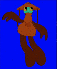 a cartoon character is wearing a hat and a yellow ribbon around his neck