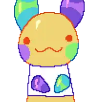 a pixel art drawing of a colorful bunny with a white shirt on