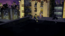 a video game scene with ninja turtles fighting each other on a rooftop