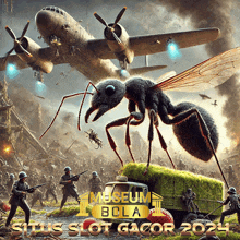 a giant ant is sitting on a truck with soldiers in the background