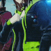 a close up of a person wearing a black jacket with a green zipper