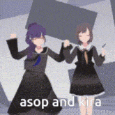 a couple of anime girls are dancing with the words asap and kira written on the bottom