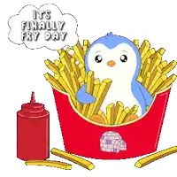 a penguin is sitting in a box of french fries with a ketchup bottle next to it
