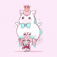 a drawing of a little girl holding a unicorn with a crown on its head