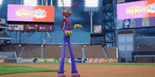 a cartoon character is standing on a baseball field in front of a billboard that says aak