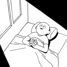 a black and white drawing of a person laying in bed with their hands folded .