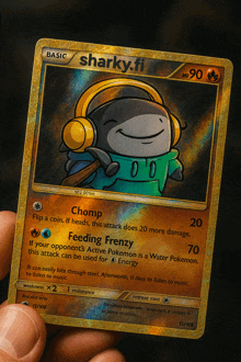 a person is holding a pokemon card with the name sharky.fi on it