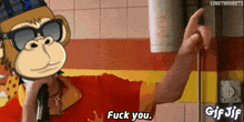 a gif of a monkey with sunglasses and a crown saying " fuck you "