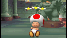a toad in a video game with a red and white top