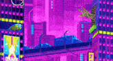 a pixel art illustration of a city with a hand reaching out towards a building .
