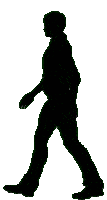 a silhouette of a man walking on a white background .