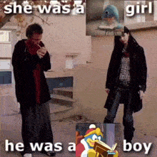 a man smoking a cigarette next to a woman reading a book with the words she was a girl and he was a boy