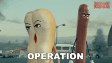 two sausages are standing next to each other with the word operation in the corner