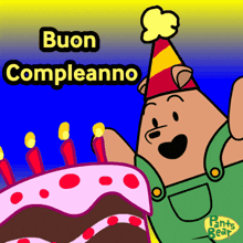 a cartoon bear wearing a party hat is holding a birthday cake with candles