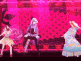 three anime characters dancing on a stage with a pink background