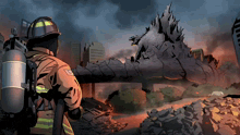 a fireman stands in front of a monster in a cartoon