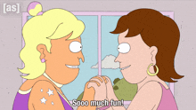 a cartoon of two women holding hands with the words sooo much fun