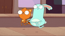 a cartoon cat and a blue rabbit are dancing together