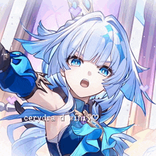 a drawing of a girl with blue hair and the name cerydra written below her