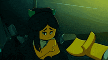 a cartoon character with a sad look on her face is sitting on the ground