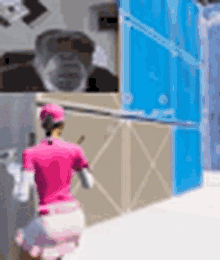 a woman in a pink shirt is standing next to a blue door