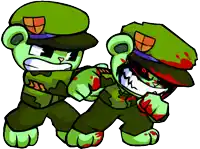 a cartoon of two green soldiers with blood on their pants