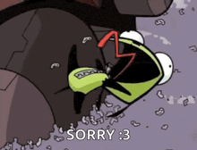 a cartoon character with a green tongue sticking out is saying sorry . 3 .