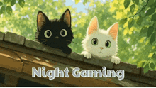 a black and white cat peeking over a roof with the words night gaming below them