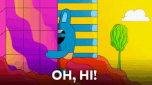 a cartoon character says " oh hi " while peeking out from behind a wall