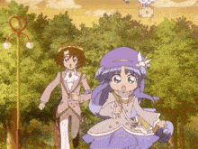 a boy and a girl are running through a park