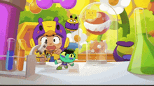 a cartoon character is looking through a microscope while another character looks on