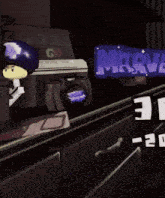 a cartoon character with a hat and a helmet standing next to a sign that says marve