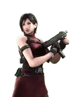 a woman in a red dress is holding a gun with a white background