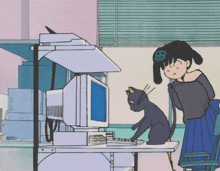 a cartoon of a girl and a cat looking at a computer