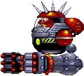 a pixel art drawing of a robot with a gun and a helmet .
