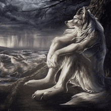 a painting of a wolf sitting on a tree branch