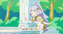 a cartoon of a girl with long white hair standing next to a pillar