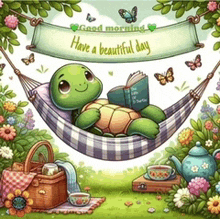 a turtle laying in a hammock reading a book