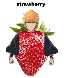 a man is standing in front of a giant strawberry with the word strawberry on the bottom