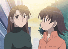 two anime characters are standing next to each other and one of them has a jacket that says ' t ' on it