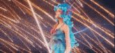 a woman with blue hair and a blue dress is standing in front of a lightning bolt .