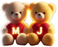 two teddy bears sitting next to each other holding hearts with the letter m and j on them