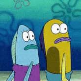 a couple of cartoon characters standing next to each other with their mouths open