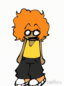 a cartoon character with orange hair and glasses is wearing a yellow shirt and black shorts