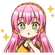 a cartoon girl with pink hair and blue eyes is wearing headphones and a headband .